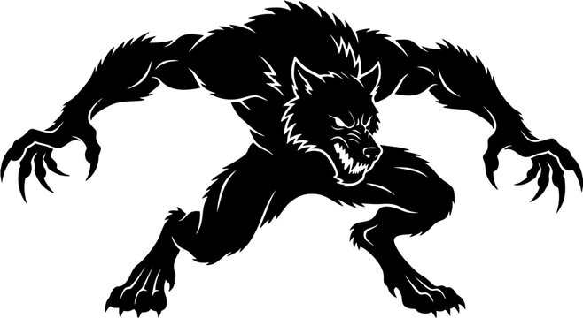 Black and white illustration of a crouching angry werewolf creature.