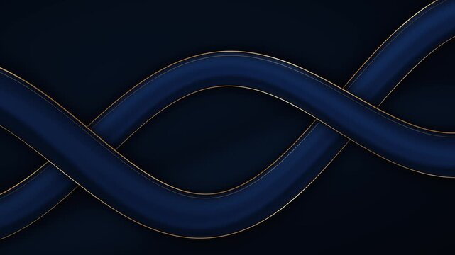 Abstract dark blue background with flowing 3d wave shapes and elegant gold outline borders for luxury business presentation design