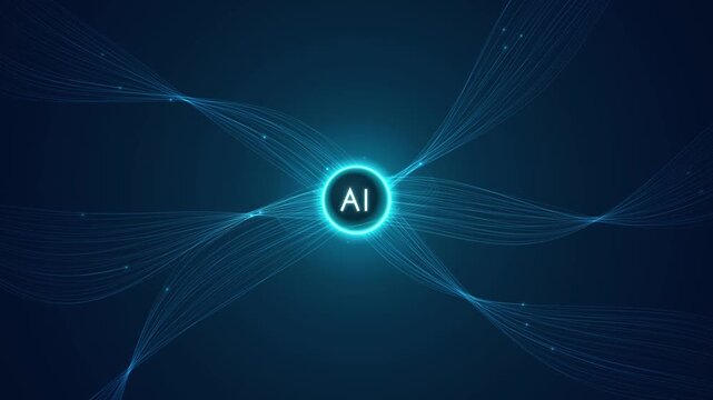 Abstract digital background with glowing blue lines radiating from a central ai icon representing artificial intelligence and data connectivity