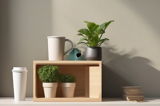 Wooden shelf with plant and cup