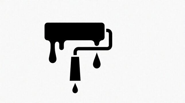 Minimalist black icon of paint roller with liquid dripping. Simple silhouette symbol for home renovation, interior design project. Tool shows wet paint flow for wall decoration, construction work,