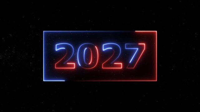 Happy new year 2027 neon text 4k animation background. Festival, growth of business, investment, finance, glowing neon number text happy new year 2027.