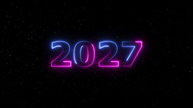Happy new year 2027 neon text 4k animation background. Festival, growth of business, investment, finance, glowing neon number text happy new year 2027.