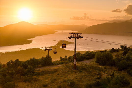 Kotor bay and cable car at sunset