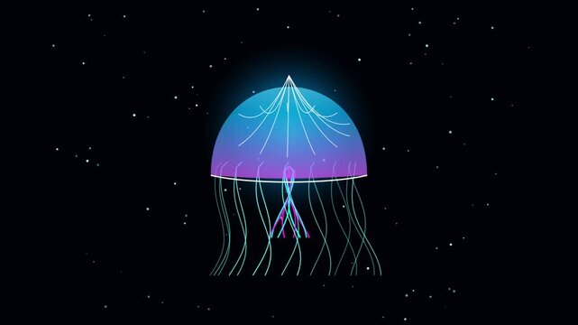 a glowing neon jellyfish swimming gracefully through a dark starry cosmos background graphic art