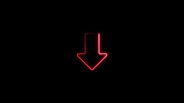 Glowing red neon arrow sign animation pointing down, minimalist digital pointer for ui and navigation, isolated on black background