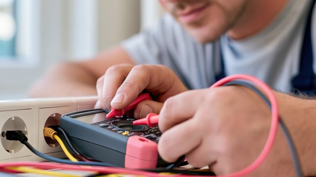 Electrician checks a wall outlet with multimeter probes during an electrical safety test