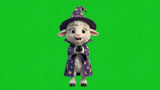 Cartoon Lamb in Wizard Costume on Green Screen - A cheerful cartoon lamb dressed in a purple wizard costume adorned with yellow stars and moons.