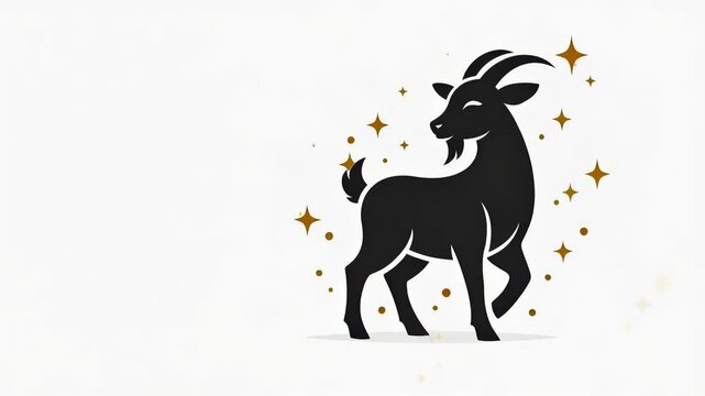Elegant black goat capricorn zodiac silhouette with gold stars on white background, minimalist astrological symbol animation showing gentle turn and sparkling shimmer