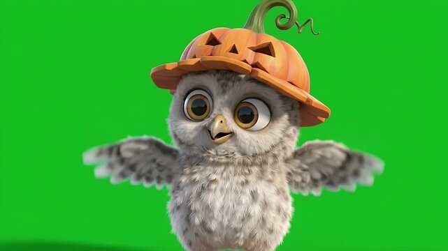 Cartoon Owl Chick with Pumpkin Wizard Hat - An adorable cartoon owl chick is joyfully bobbing and flapping its wings, wearing a whimsical pumpkin-shaped wizard hat.