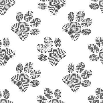 Cat or Dog Paw Line Art Seamless Pattern Background. Cute Pet Footprint Texture for Gift Wrapping Paper, Packaging, Fabric, Textile. Vector Illustration