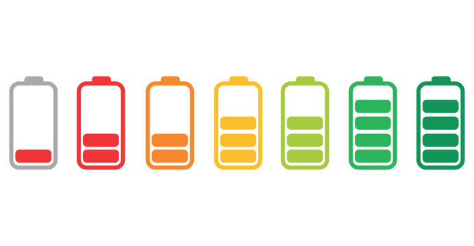 Battery charge level indicator icons showing from empty to full in various colors.