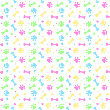 Colorful Cute Cat or Dog Paw Pattern Background with Bones. Fun Pet Pattern Texture for Greeting Card, Birthday Decor, Packaging, Cover, and Poster Design. Vector Illustration