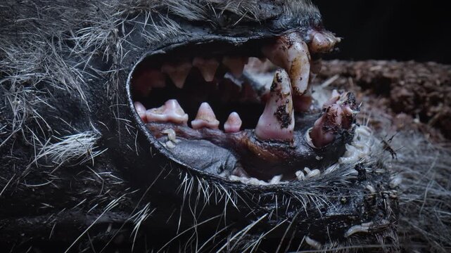 Fly larvae in dead animal. circulation of substances in nature. Close-up of decaying fur, exposed teeth and rotting mouth showing natural de