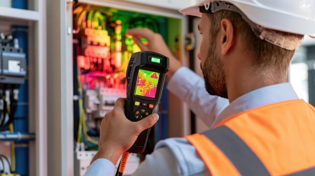 Electrician uses a thermal imaging camera to inspect an open electrical control cabinet
