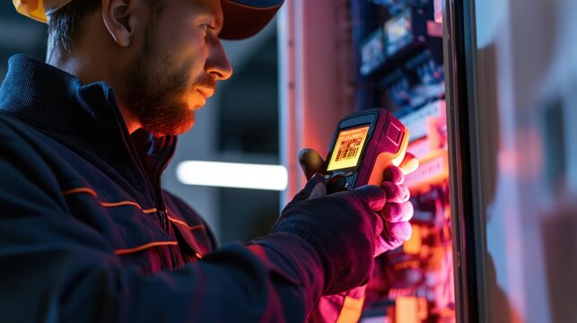Electrician uses a thermal imaging camera to inspect components inside an electrical panel