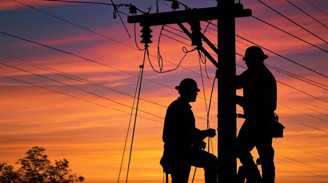 Utility workers silhouetted on a power pole beneath a vivid orange sunset sky and overhead wires