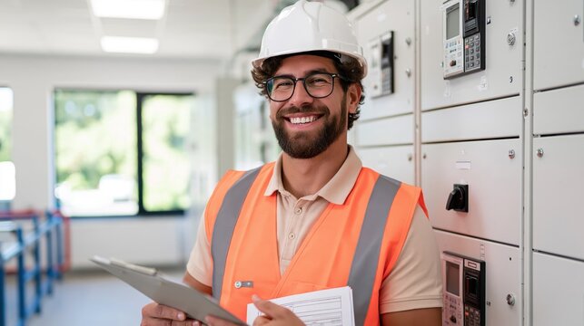 Smiling electrician in hard hat and reflective vest holding paperwork beside control panels