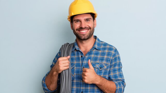 Smiling electrician in a yellow hard hat holds a cable coil and gives a thumbs-up