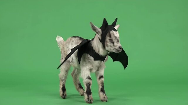 Baby Goat in Bat Costume on Green Screen - A baby goat dressed in an adorable bat costume with wings is captured making a joyful hop and turn against a vibrant green chroma key background.