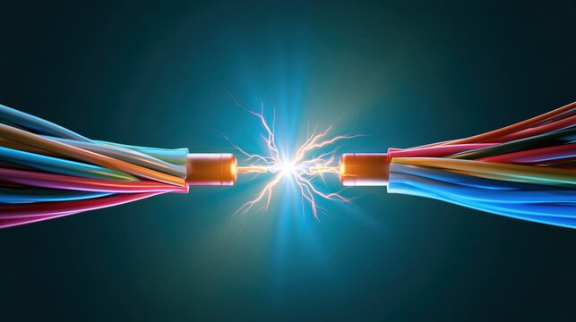 Two colorful cable bundles spark with an electric arc against a glowing teal background