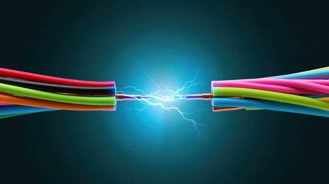 Colorful wire bundles meet in a bright electrical arc against a dark teal background