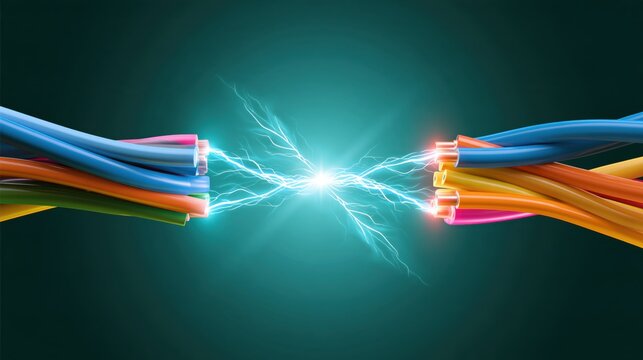 Two bundles of multicolored electrical wires discharge bright energy across a dark teal background