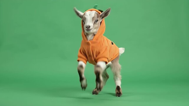 Baby Goat in Pumpkin Costume Dancing Energetically - A cute baby goat energetically hops in a playful, dance-like manner while wearing an orange pumpkin hoodie.