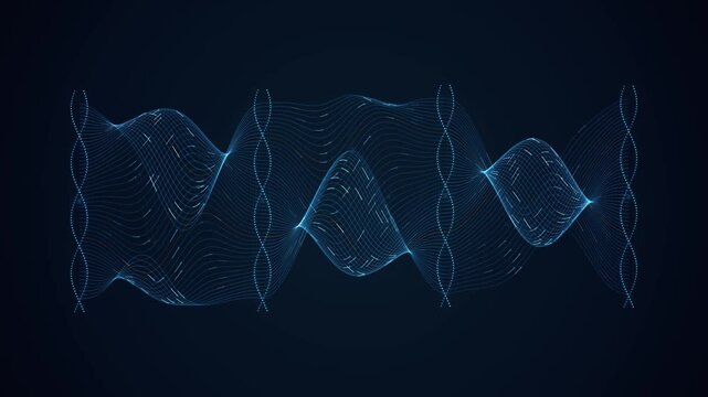 Abstract digital background with glowing blue wavy lines and dna helix structure representing science and technology data flow