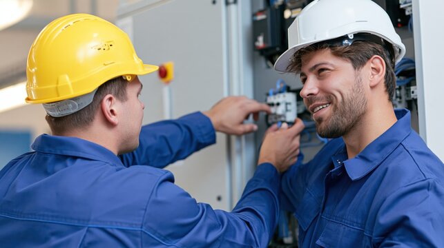 Two electricians in safety helmets collaborate while inspecting an electrical control panel