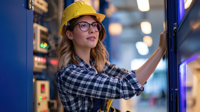 Woman electrician in a yellow hard hat working at an industrial electrical control cabinet