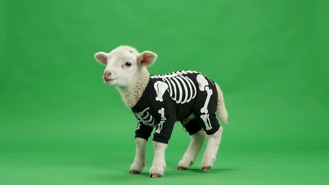 Baby Lamb in Skeleton Costume Hopping Against Green Screen - A realistic baby lamb dressed in a black skeleton costume is captured in mid-hop, exuding joyful energy.