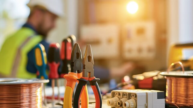 Electrical pliers and copper wire on a workbench in a warmly lit electrician's workshop