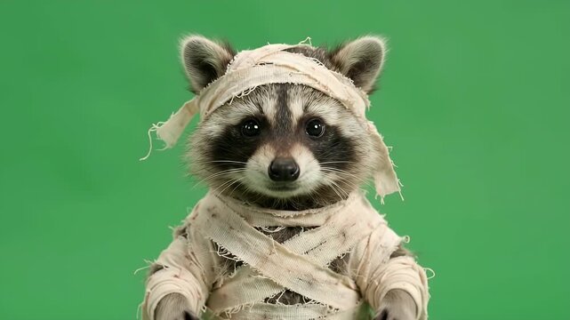 Raccoon in Mummy Costume on Green Screen - A baby raccoon playfully dressed in a mummy wrap costume stands against a chroma key green background.