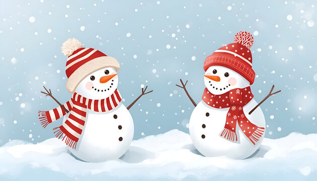 Charming winter holiday background banner featuring a cute snowman wearing a red scarf and hat, surrounded by falling snowflakes and sparkling lights, perfect for merry christmas and happy new year gr