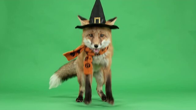 Fox Cub in Halloween Costume on Green Screen - A realistic fox cub is featured wearing a whimsical Halloween ensemble, complete with a witch hat and a pumpkin-themed scarf.