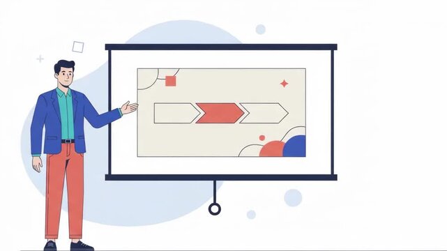 2D Flat Animation of a Businessman Presenting a Workflow Process on a Projector Screen