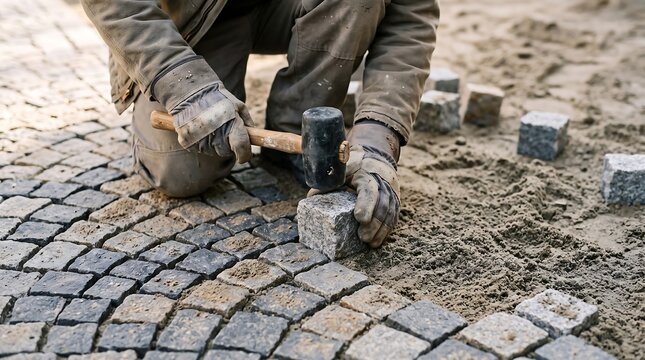 Worker laying cobblestones with a hammer