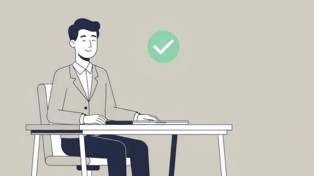 Flat animation of a businessman closing a laptop after successful task completion with a green checkmark icon