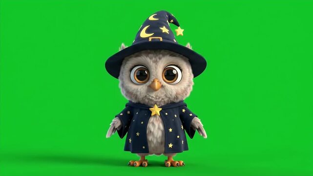 Cartoon Baby Owl in Wizard Costume Dancing - A cute cartoon baby owl is depicted wearing a wizard costume, complete with a starry hat and cloak, while happily bobbing and dancing.