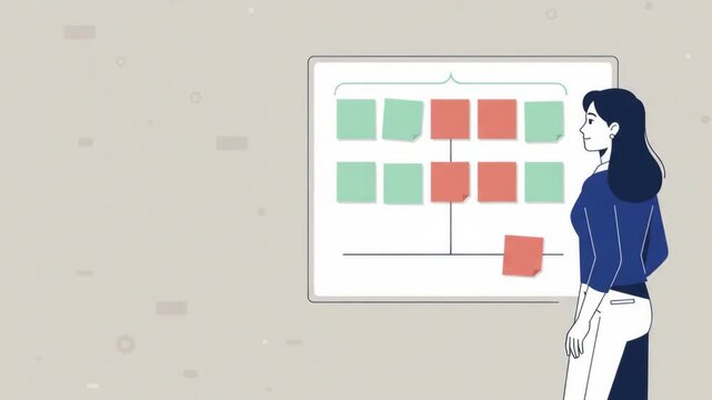 Businesswoman Organizing Tasks and Project Workflow with Sticky Notes on a Whiteboard Animation
