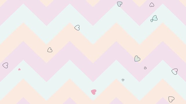 Abstract background with floating hearts on pastel chevron pattern motion graphic.