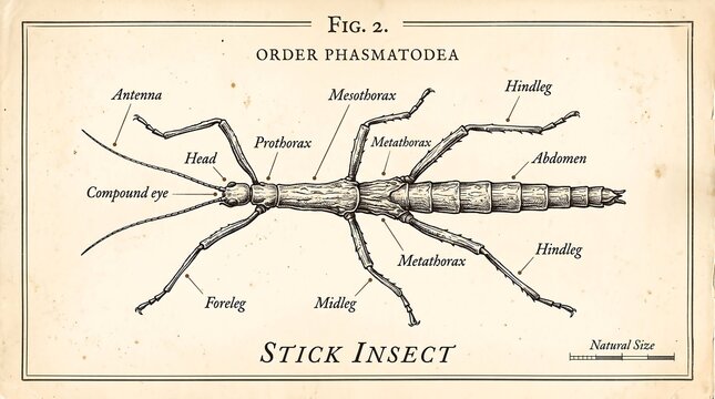 Vintage entomology stick insect anatomical illustration, order Phasmatodea scientific diagram, antique biology poster