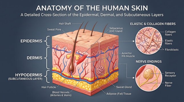 Anatomy of the Human Skin Detailed Cross Section, Epidermal Dermal and Subcutaneous Layers Diagram, Medical Education Illustration