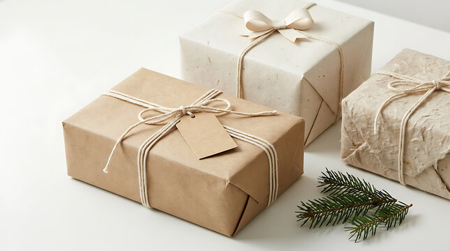 Three eco friendly gift boxes on white surface in minimalist style
