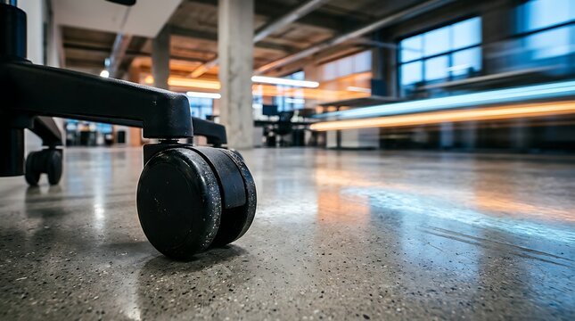 Close up of an office chair wheel on a polished concrete floor in a modern corporate workspace interior