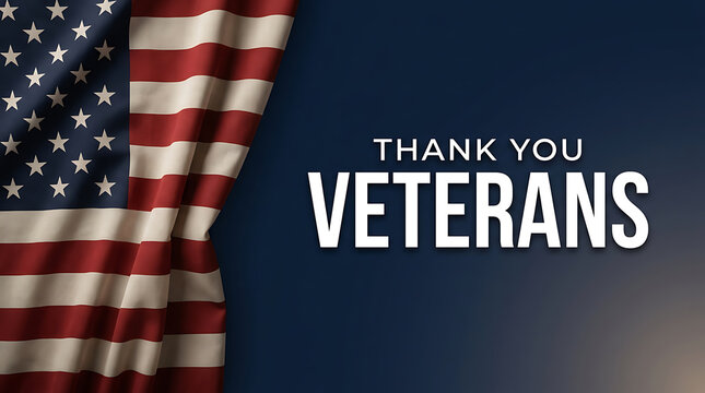 Thank you veterans text with American flag draped on the left side against a dark blue background for patriotic memorial day celebration or national holiday greeting card and social media