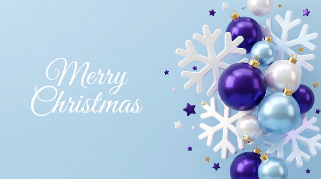 Merry Christmas greeting with snowflakes and baubles on light blue background