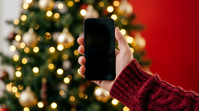 Hand holding smartphone with black screen in front of decorated christmas tree lights