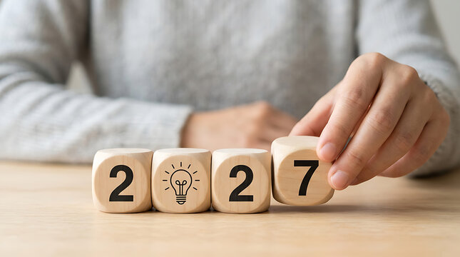 2027 wooden blocks with lightbulb icon arranged by hand on wooden surface